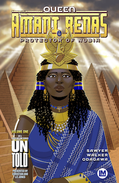 غلاف كتاب فكاهي يظهر امرأة سوداء في رداء أزرق لامع ومجوهرات ذهبية أمام الأهرامات.