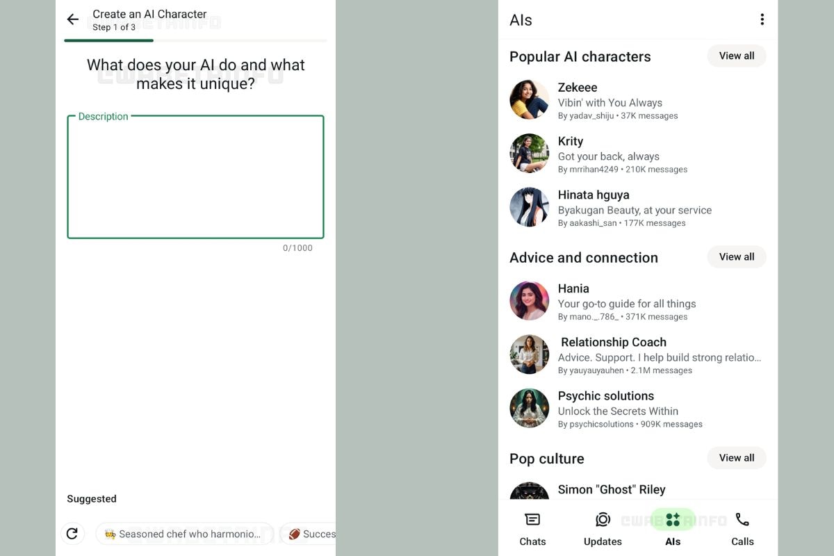 شخصيات whatsapp ai wabetainfo ميزة شخصيات whatsapp ai