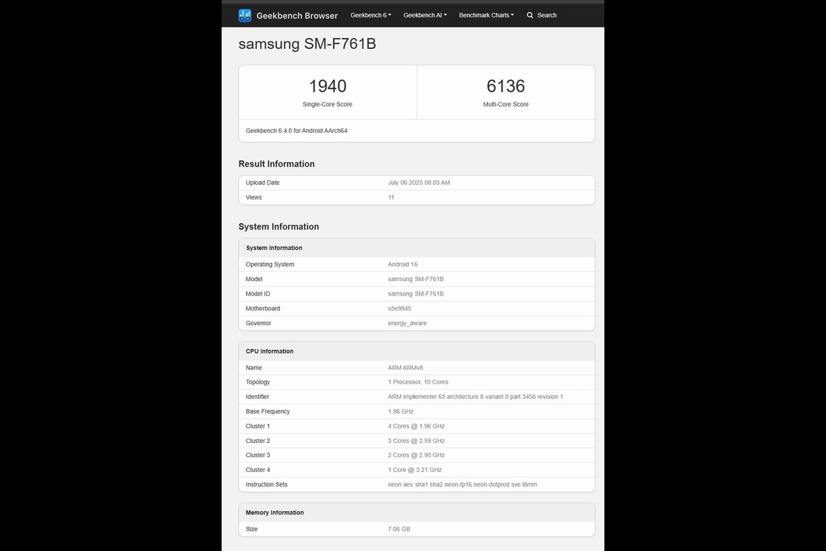 لقطة الشاشة 2025 07 07 112528 Geekbench Galaxy Fold 7 Fe